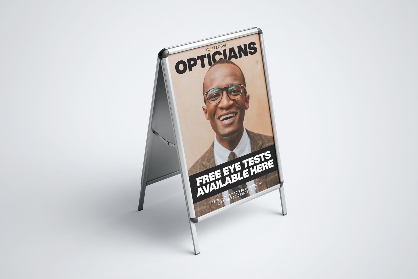 A-frame pavement sign for an optician advertising free eye tests