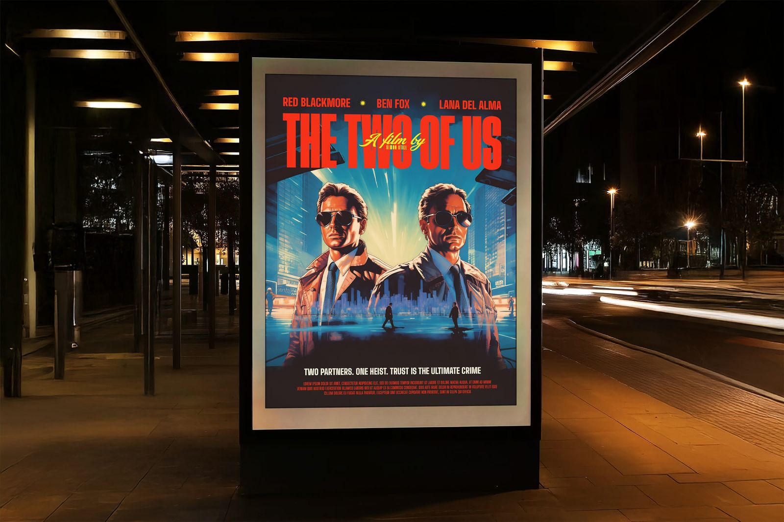 Backlit film poster glowing in a street lightbox at night