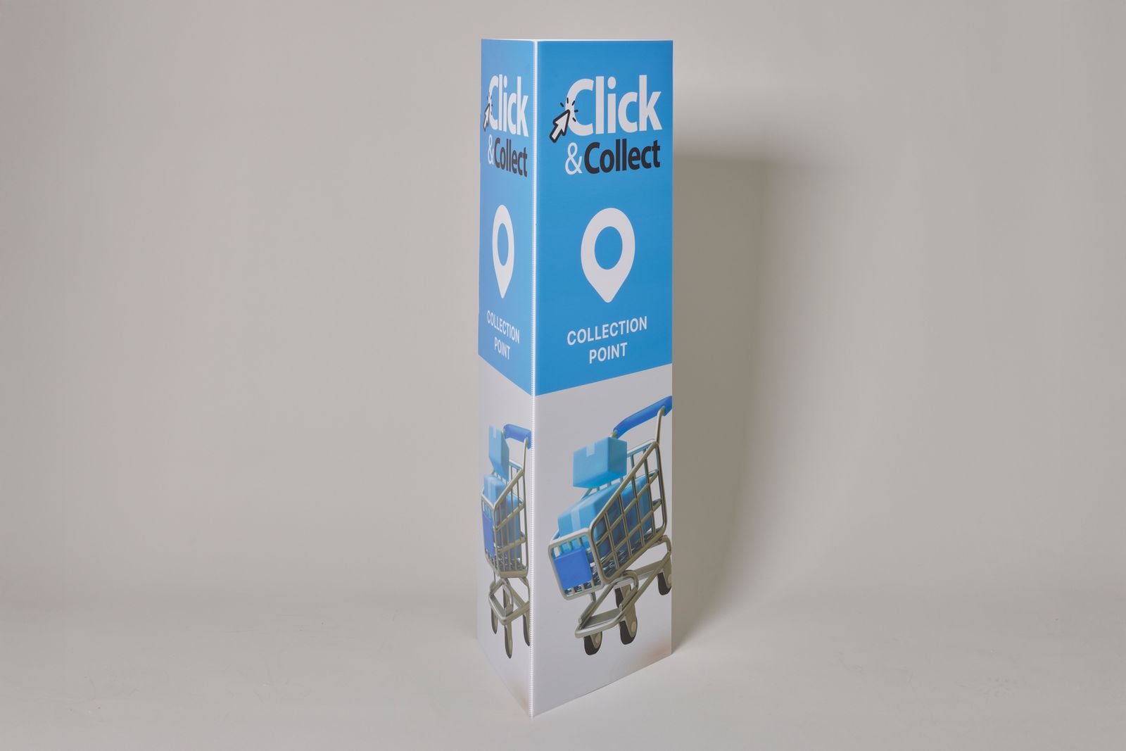 Triangular “Click & Collect” bollard cover standing on its own