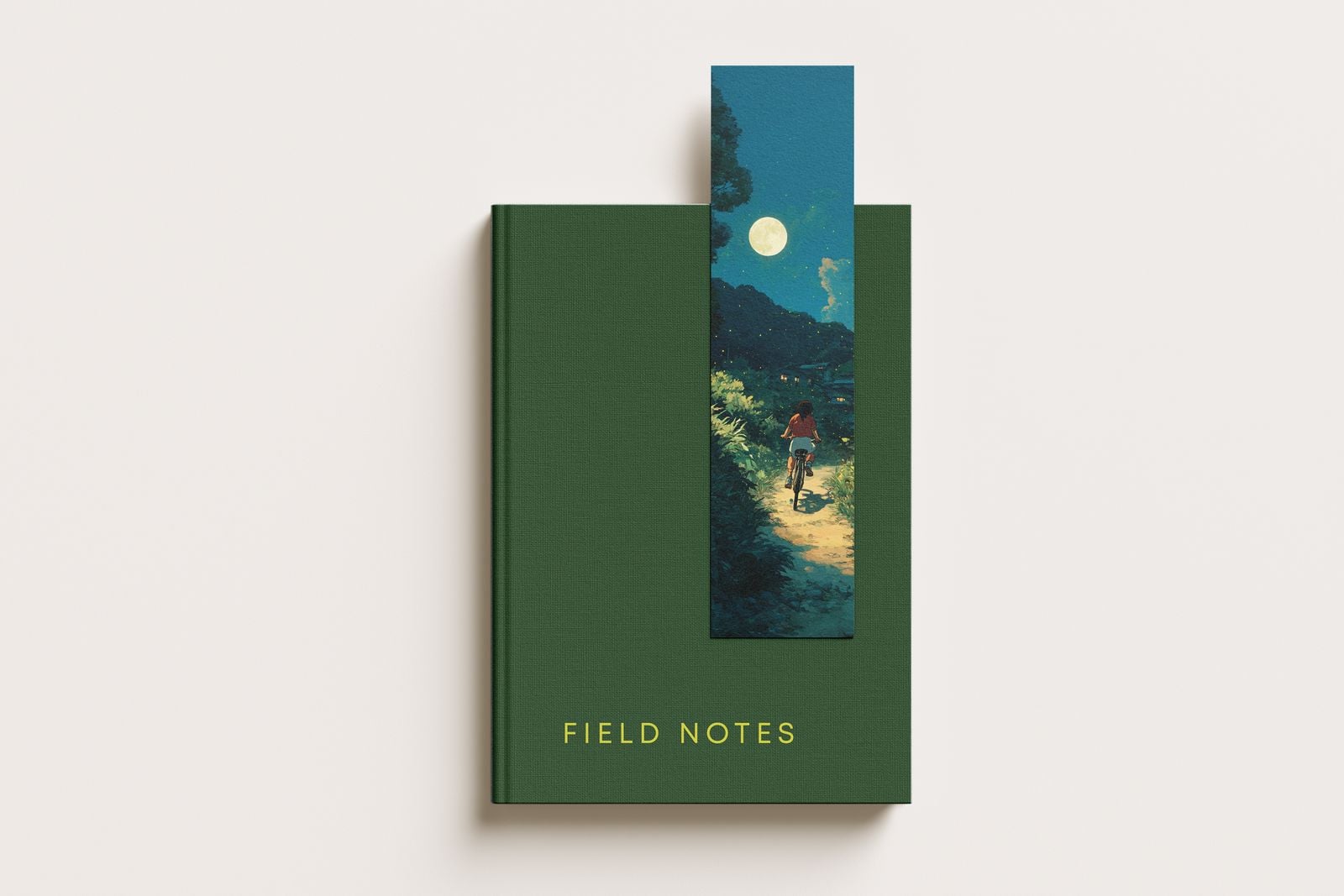 Illustrated bookmark tucked into a green hardback
