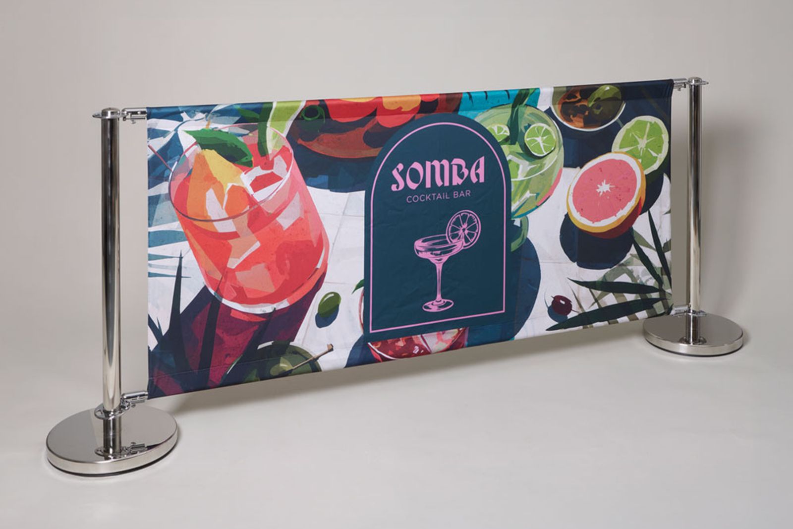 Café barrier with a colourful cocktail bar banner on chrome posts