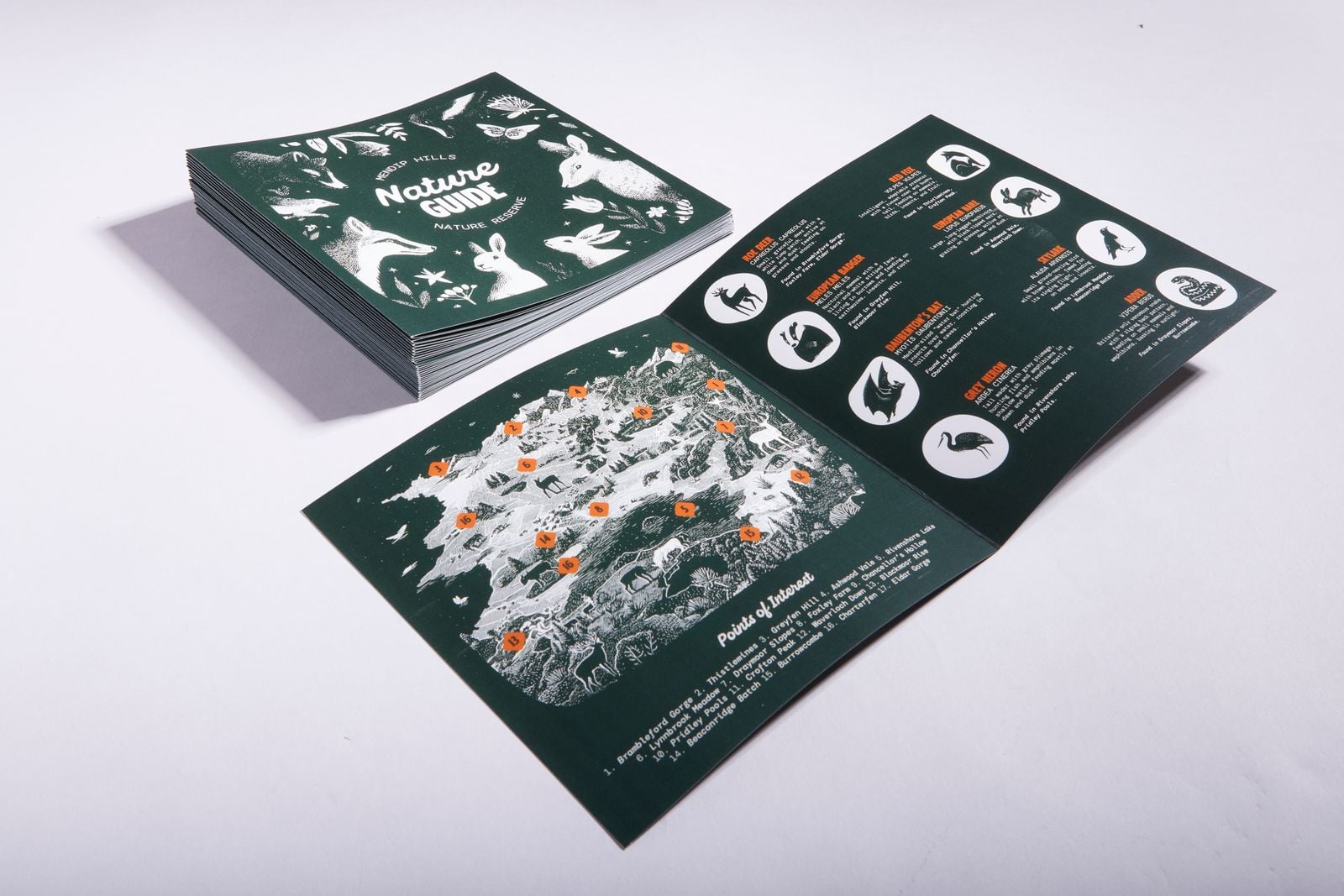 Square nature guide leaflets, one opened flat to a map beside a stack of covers