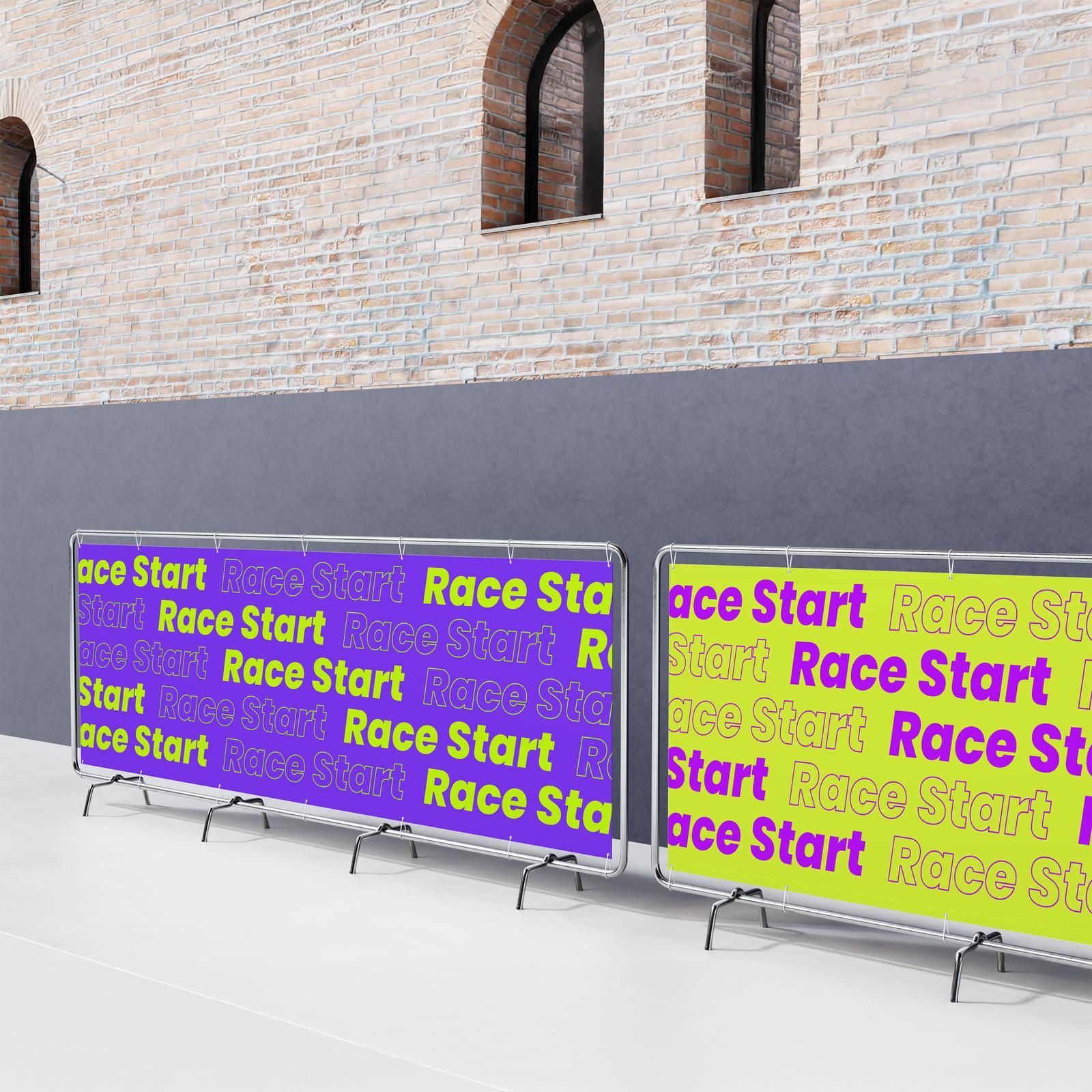 Purple and lime “Race Start” covers fitted to two crowd barriers
