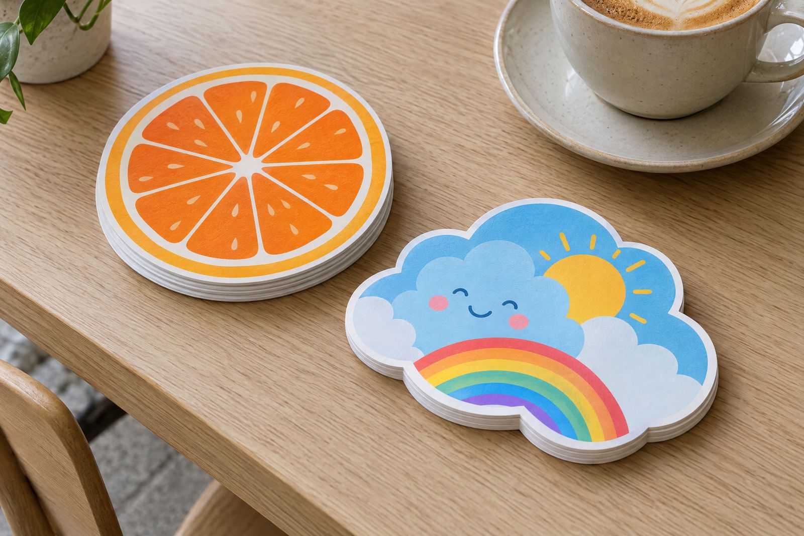 Die-cut flyers shaped like an orange slice and a cloud on a café table