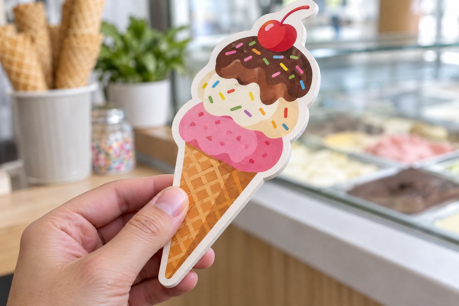 Hand holding a flyer die-cut to the shape of an ice cream cone
