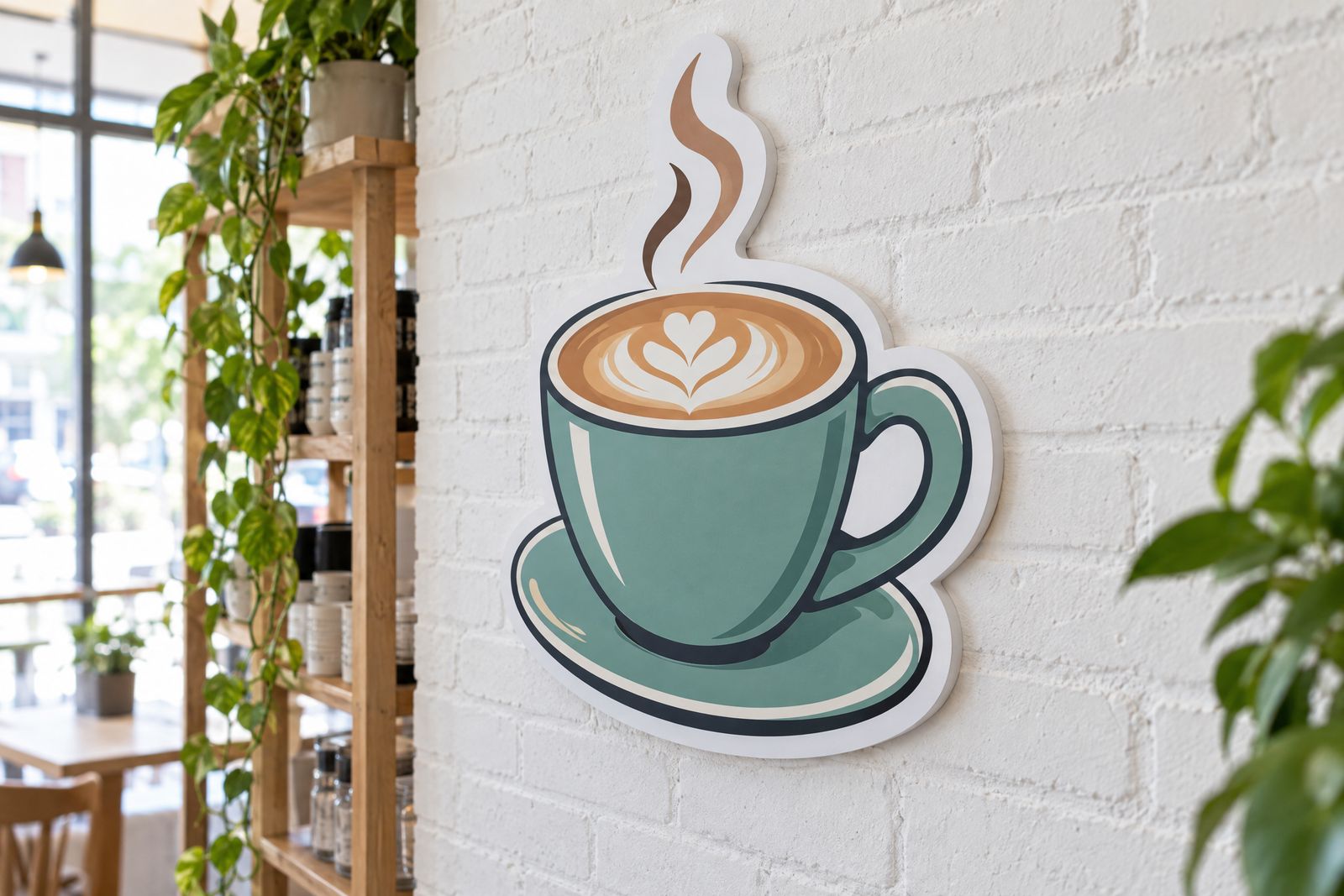 Coffee cup shaped foam PVC sign on a café’s white brick wall