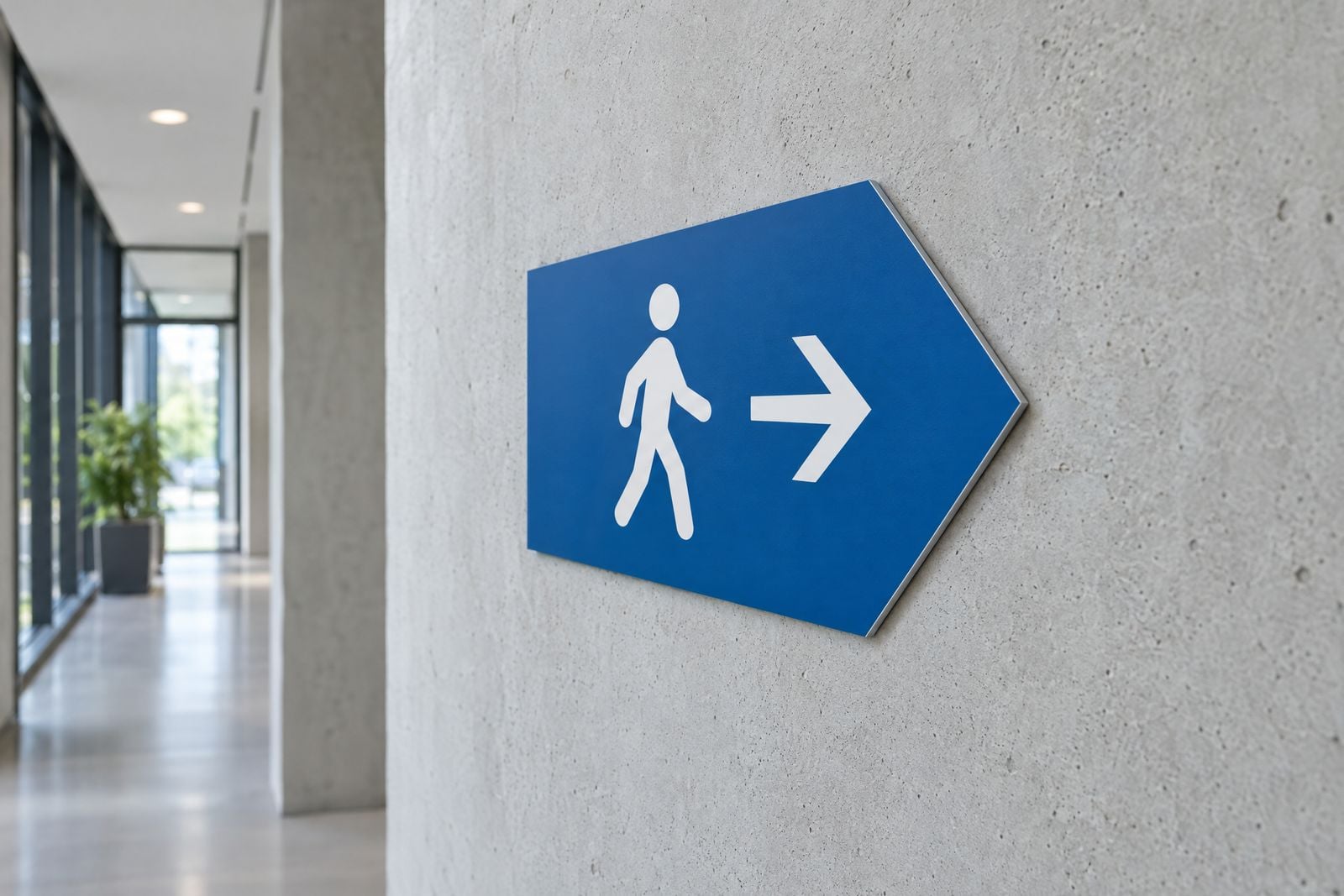 Arrow-shaped aluminium composite wayfinding sign on a concrete wall