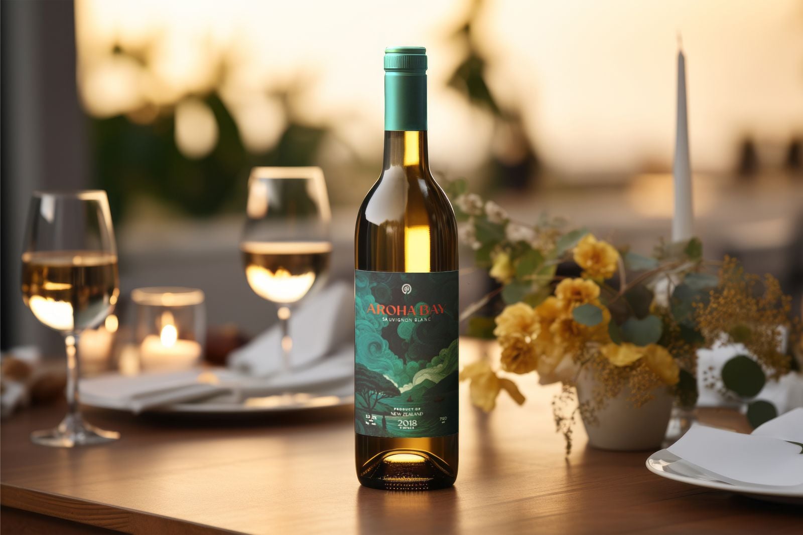 Wine bottle with a green illustrated label on a candlelit dinner table