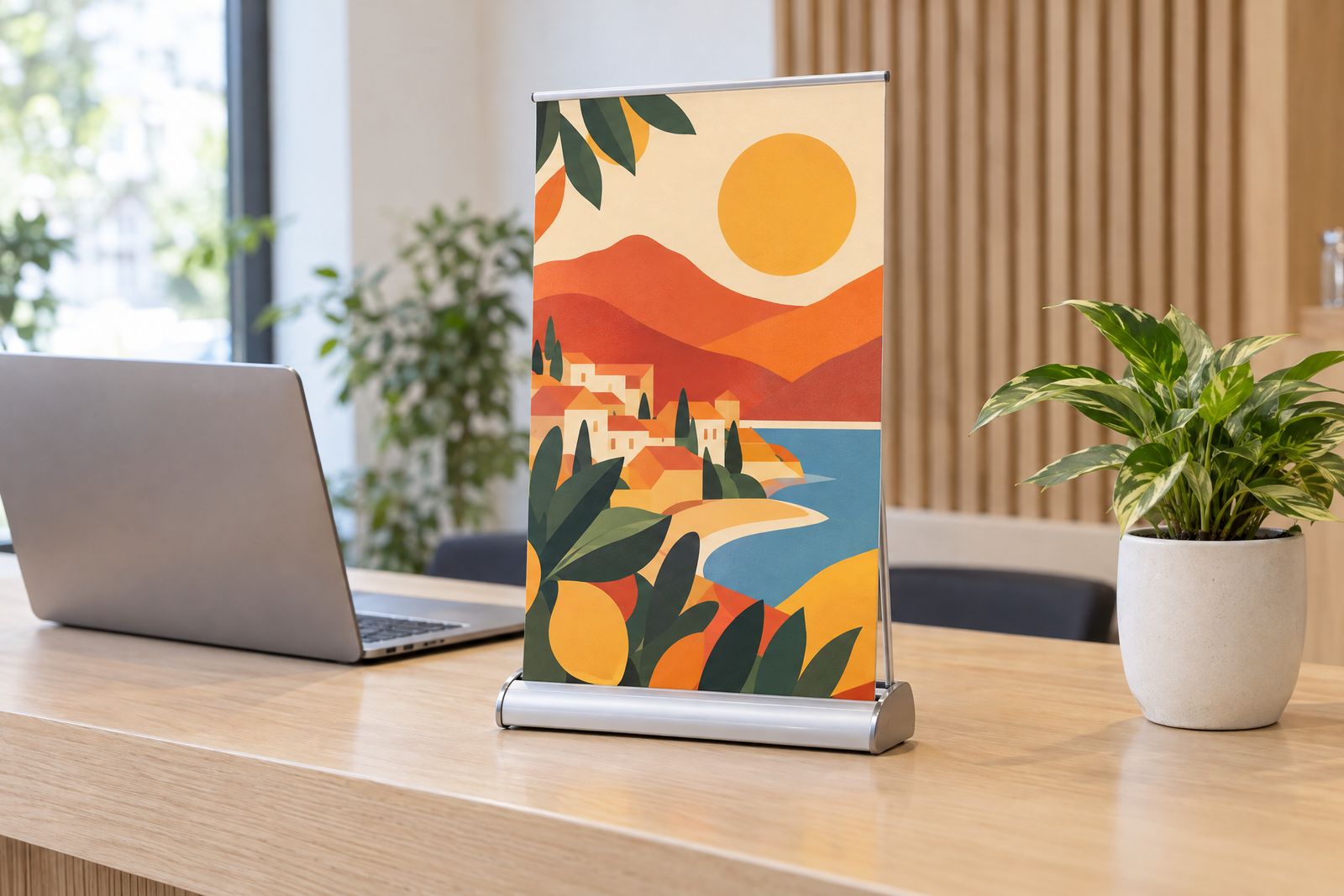 A3 desktop roller banner on a reception counter