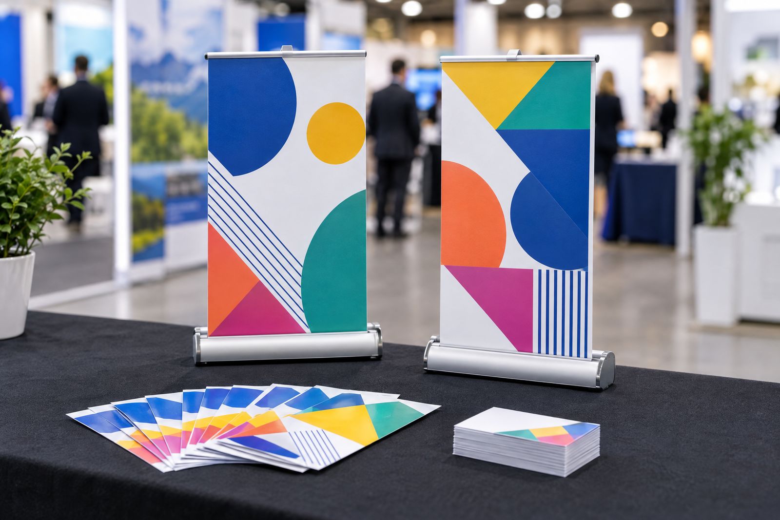 Two A4 desktop roller banners on an exhibition table with leaflets