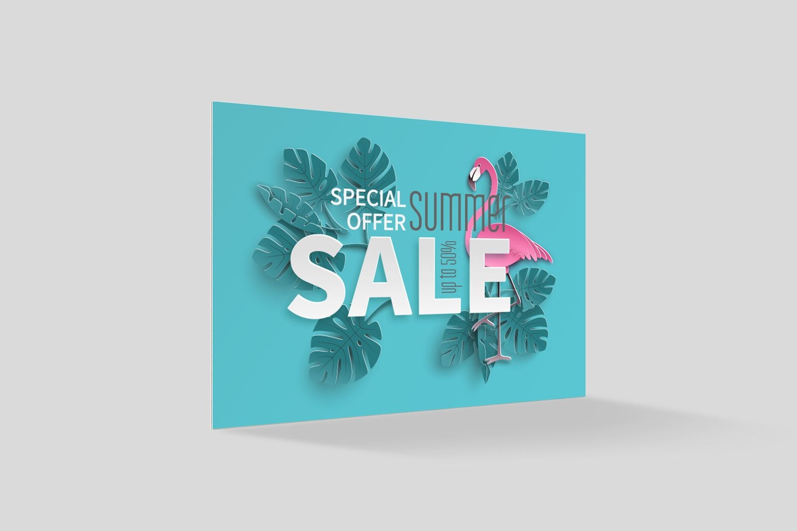 Turquoise summer sale display board with a flamingo