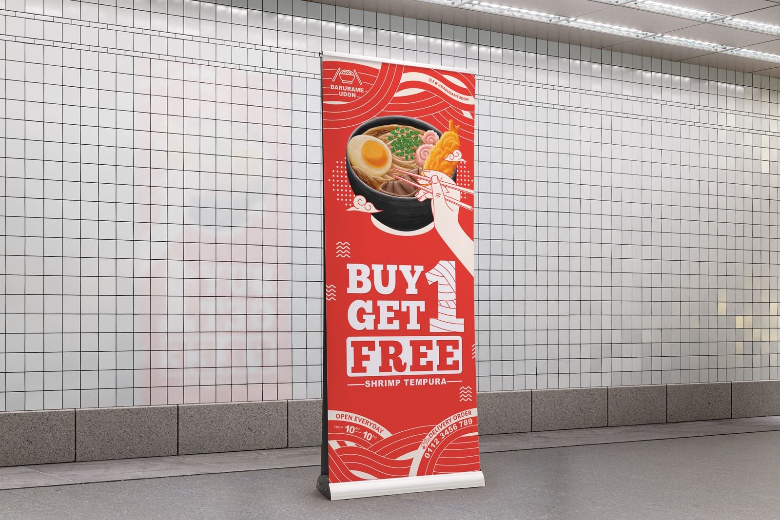 Double-sided roller banner for a noodle bar in a tiled subway