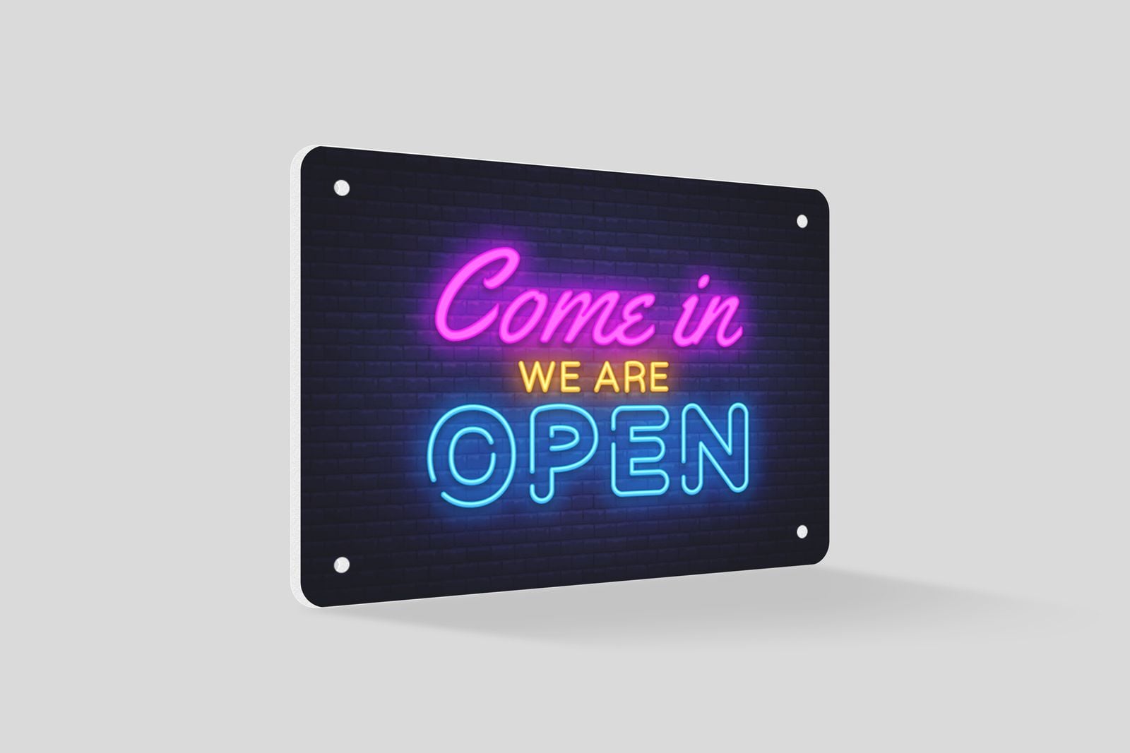 Neon-style open sign printed on foam PVC with drilled corner holes