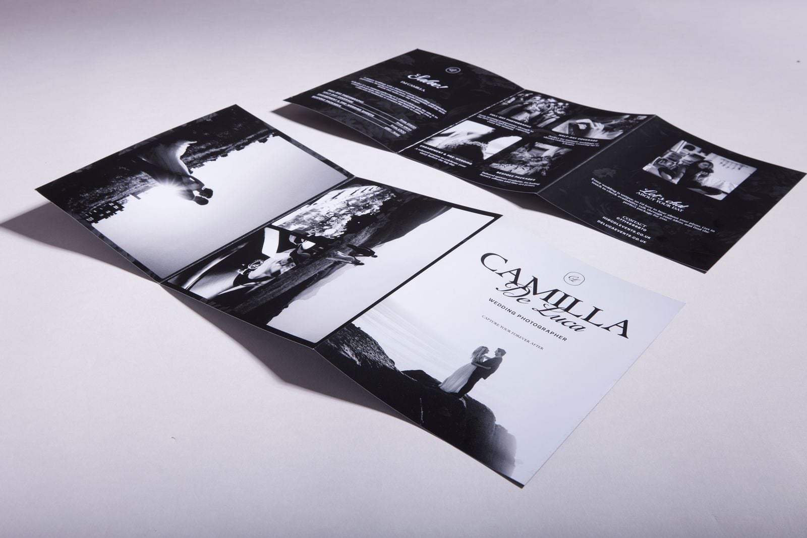 Black and white wedding photographer leaflets with a Z fold, one opened out flat