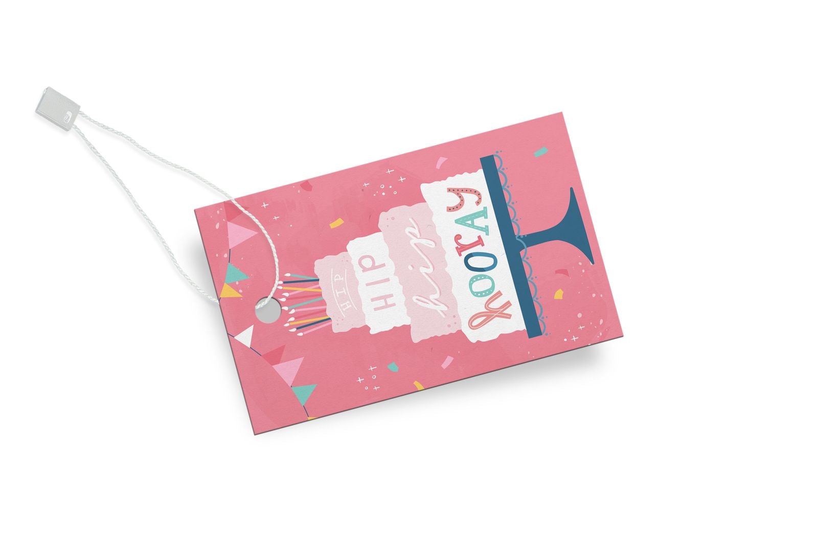 Pink birthday swing tag with a cake illustration, on a string