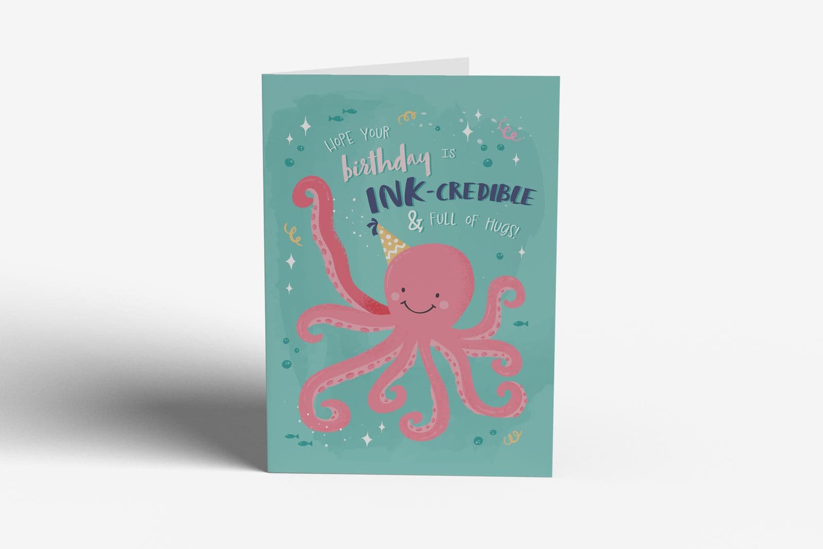 Birthday card with a pink octopus in a party hat