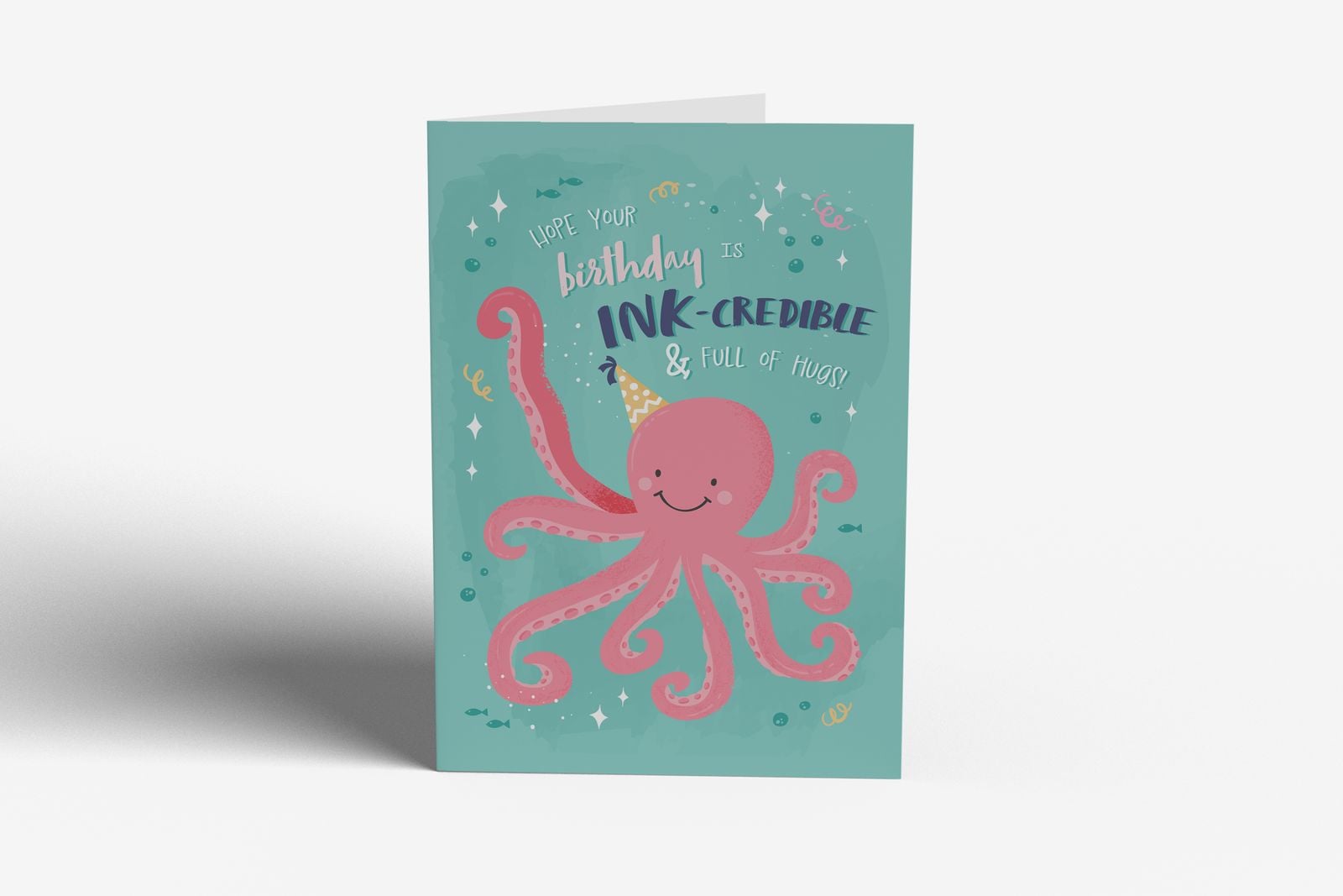 Birthday card with a pink octopus in a party hat