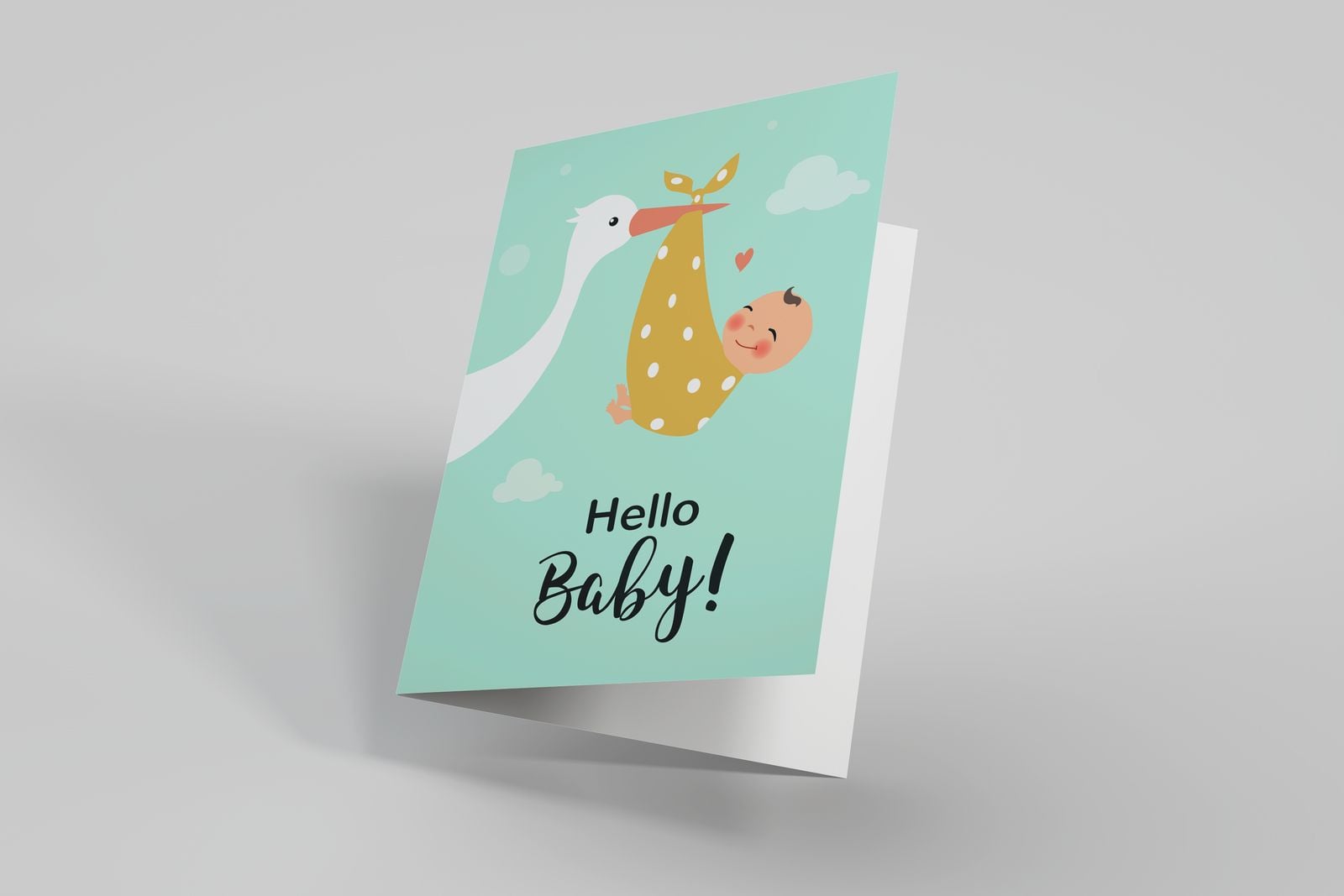 “Hello baby!” card with a stork carrying a baby
