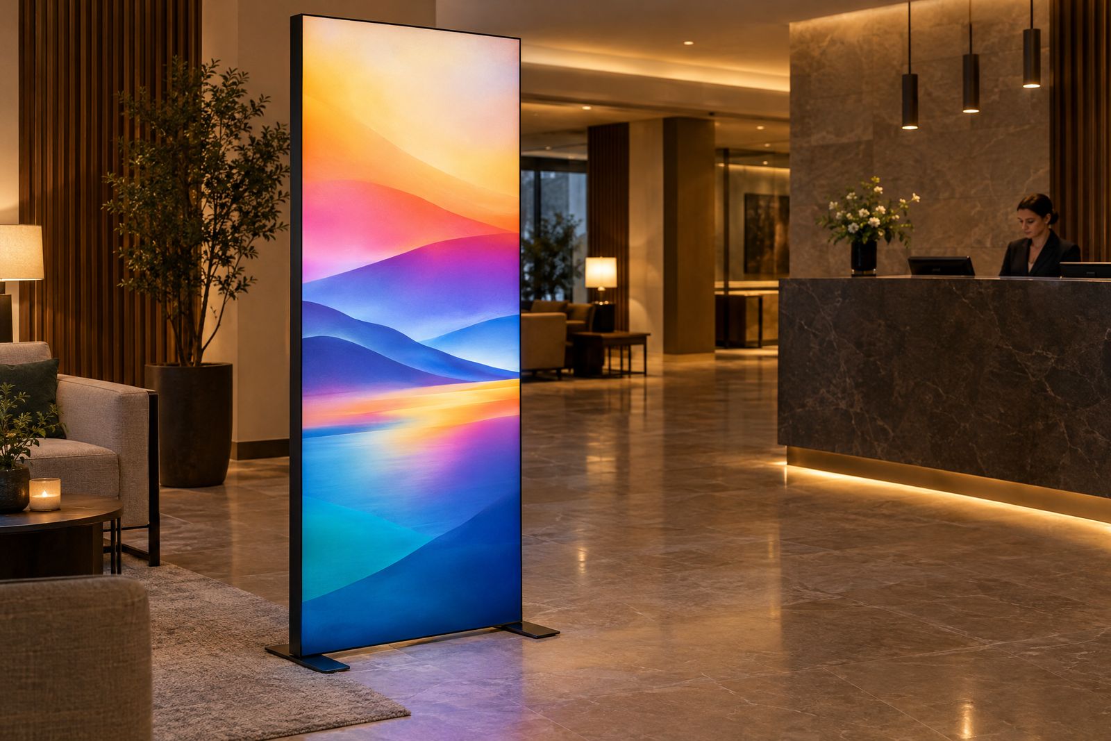 Freestanding LED fabric lightbox glowing in a hotel reception