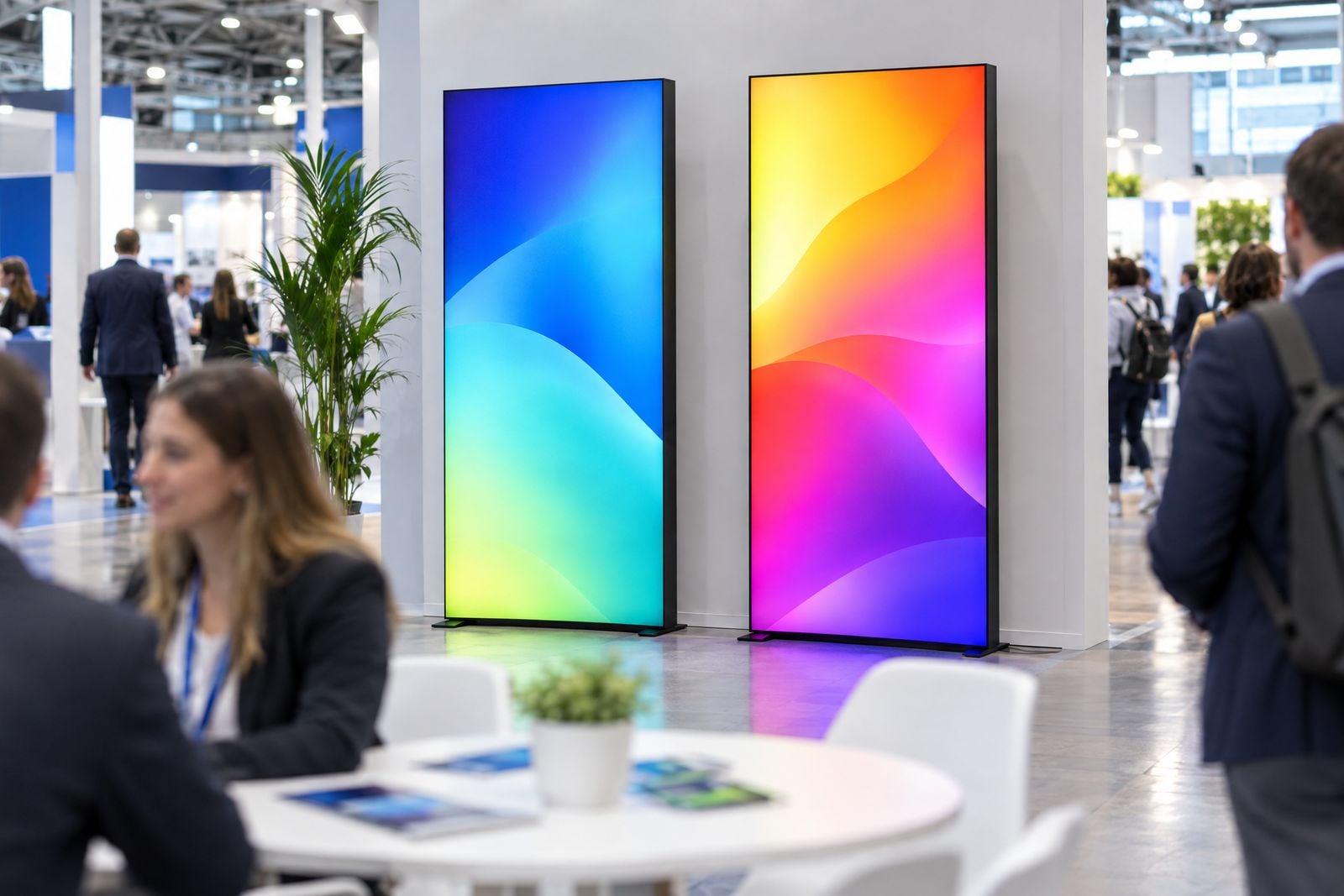 Two backlit fabric lightboxes on an exhibition stand