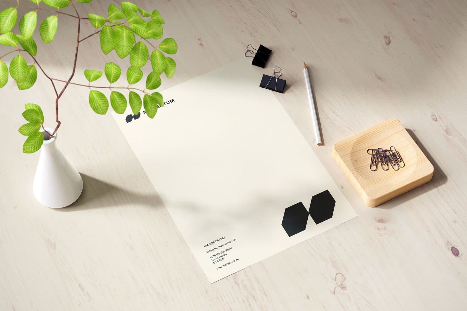 A4 letterhead on a pale wooden desk with a pencil, clips and a plant