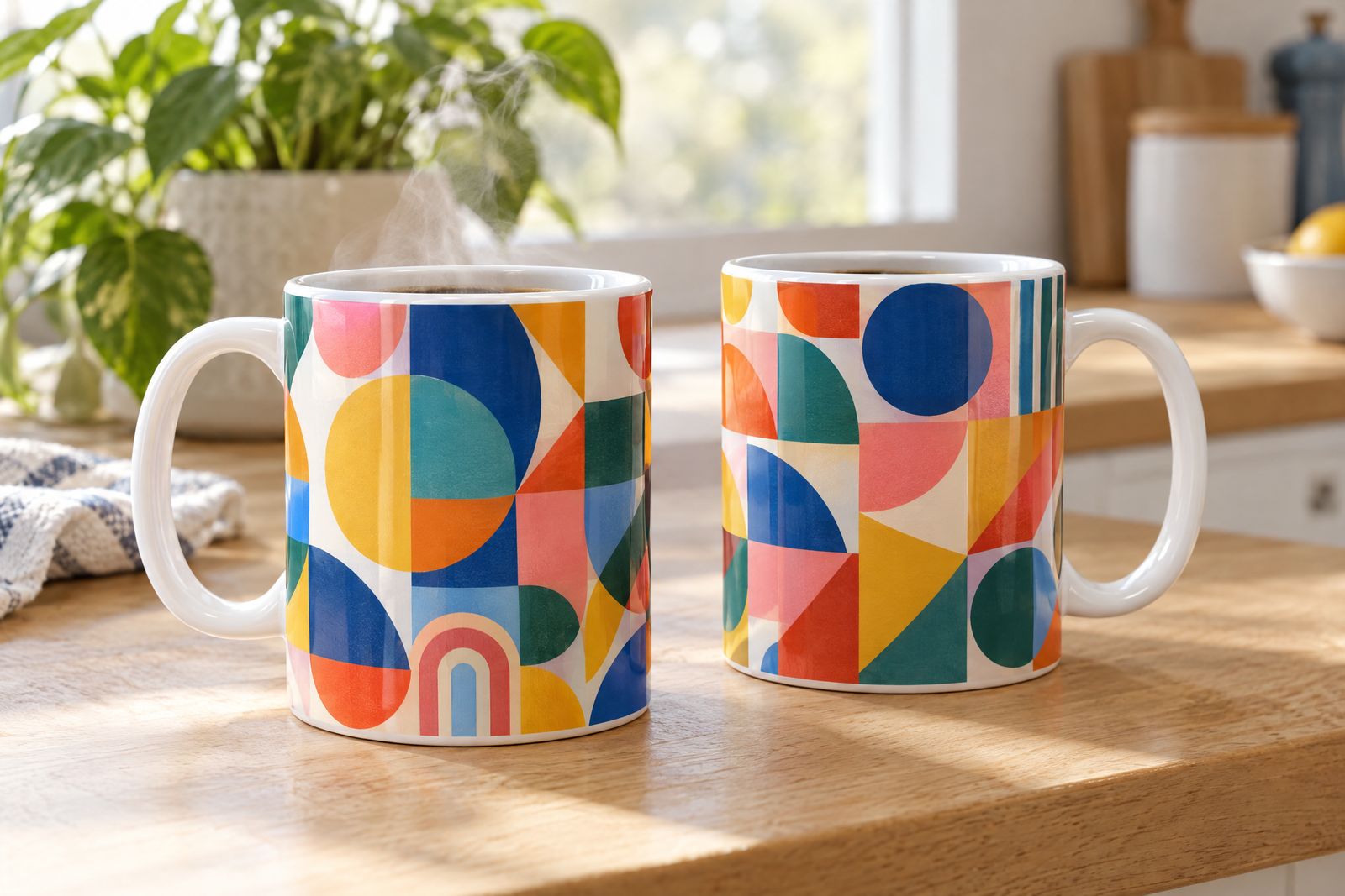 Two white mugs printed with a full-wrap geometric pattern