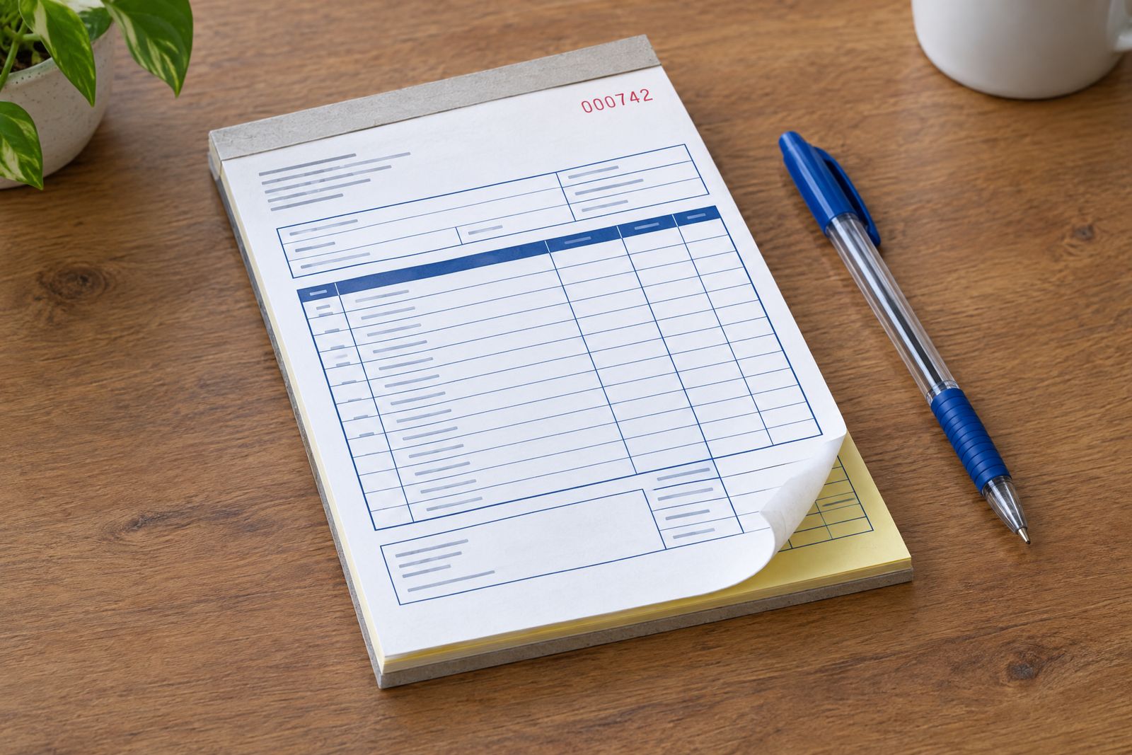 Numbered NCR invoice pad with the yellow copy showing beneath