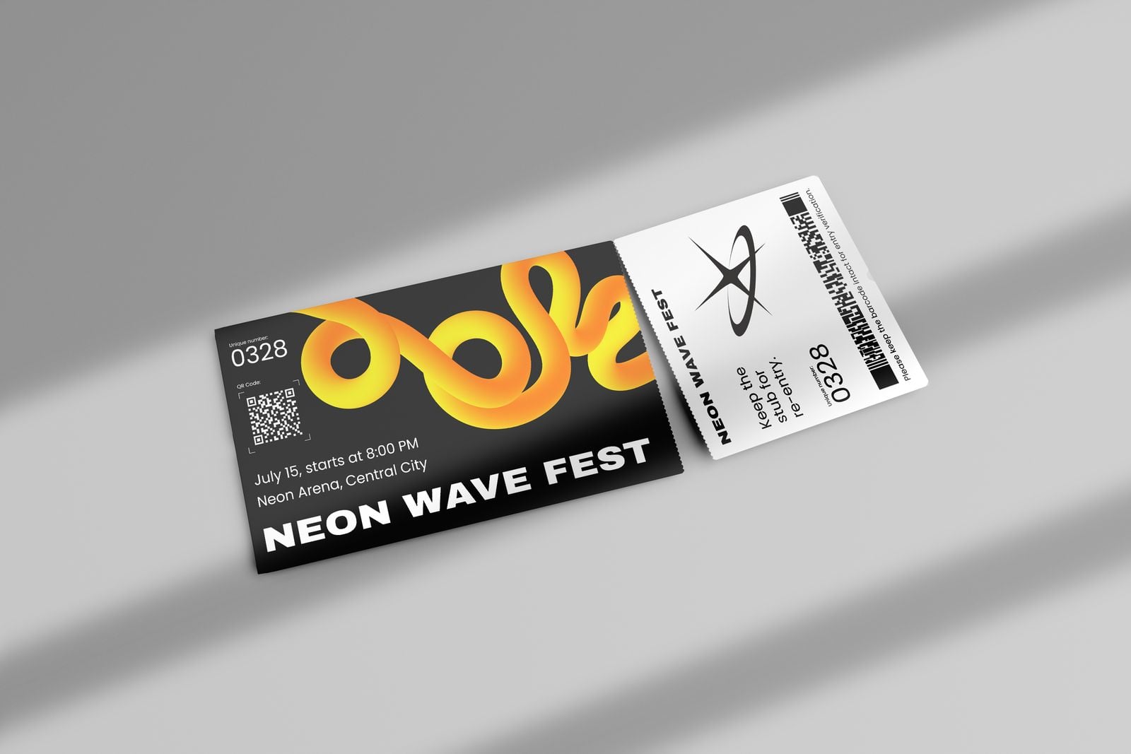 Black and orange festival ticket with a perforated tear-off stub for re-entry