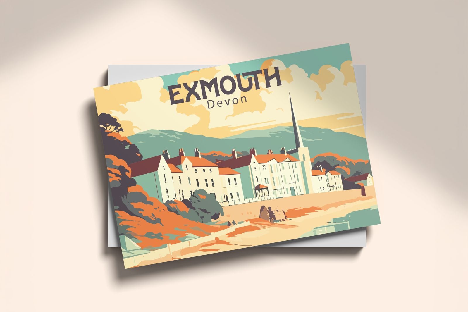 Retro travel postcard of Exmouth, Devon on a small stack