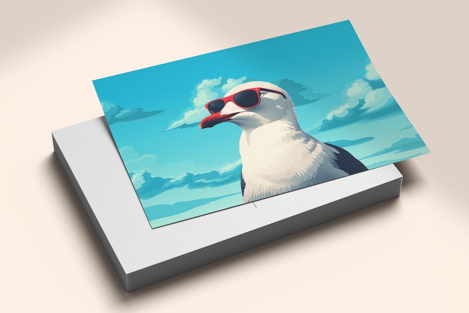 Postcard of a seagull in sunglasses on a stack of cards