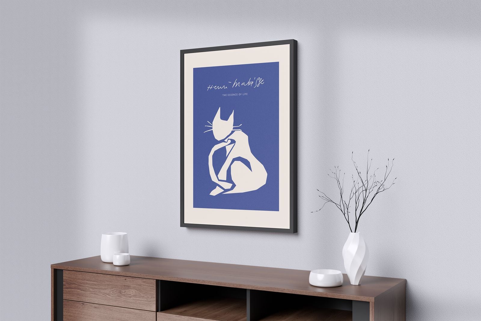 Framed blue cat illustration poster above a sideboard