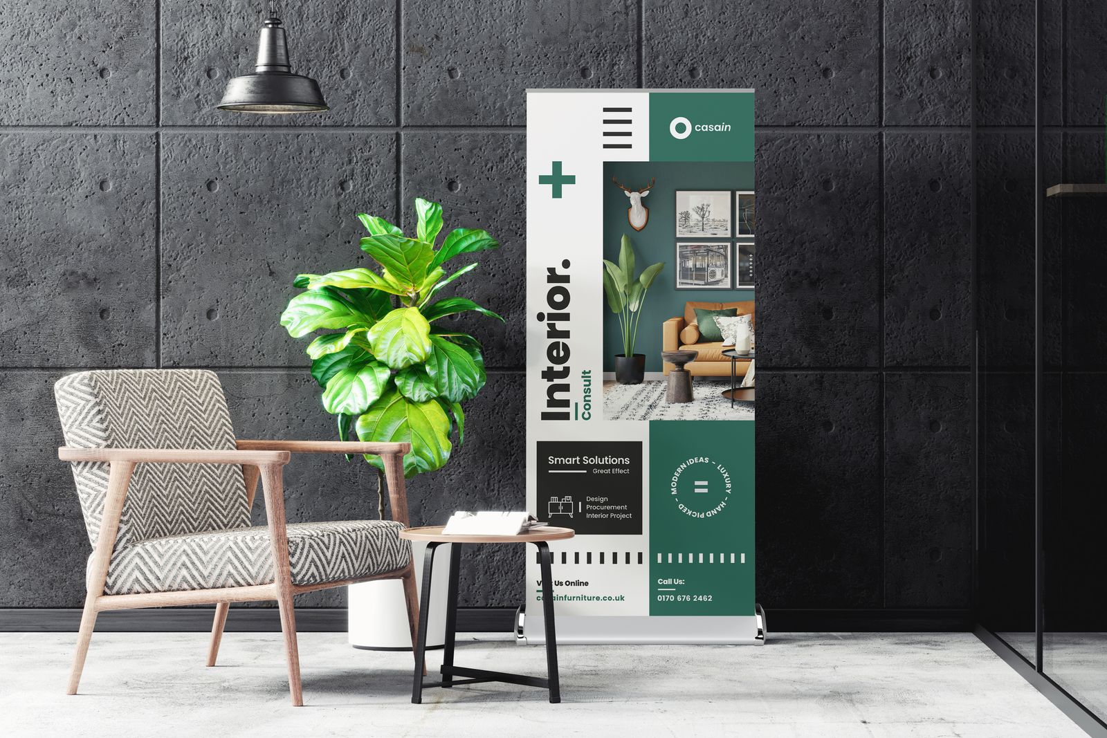Premium roller banner for an interiors brand next to an armchair