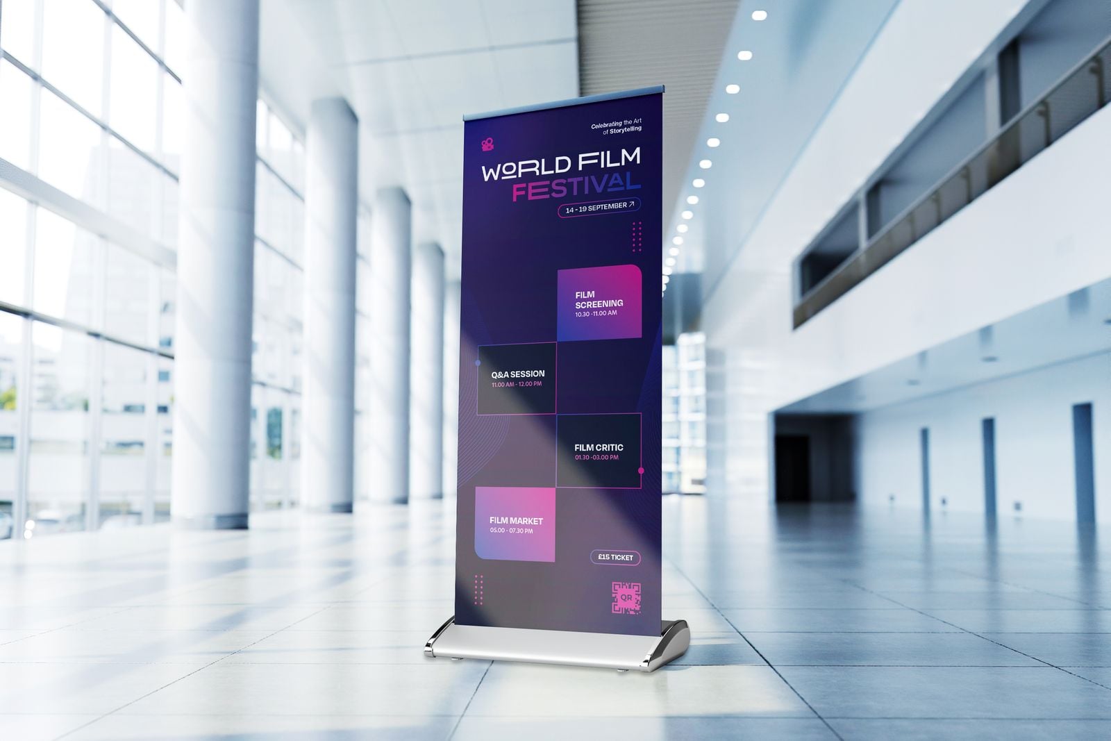 Premium roller banner for a film festival in a bright venue foyer