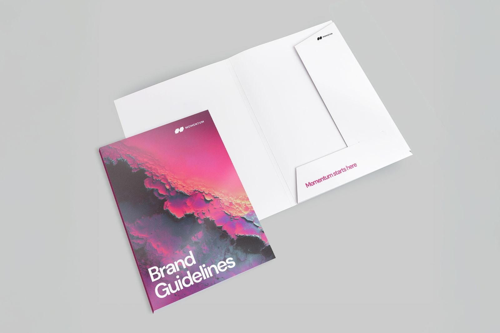 Pink and purple presentation folder open to show a pocket with a business card slot
