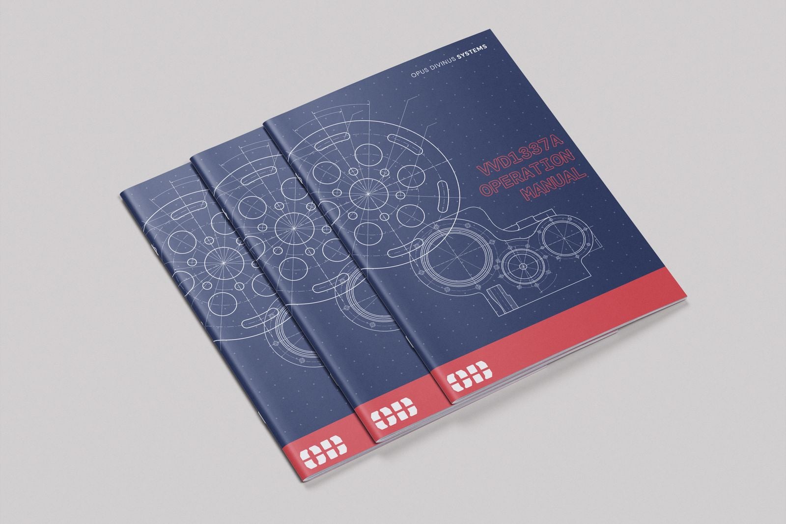 Three saddle-stitched operation manuals with blue technical drawing covers
