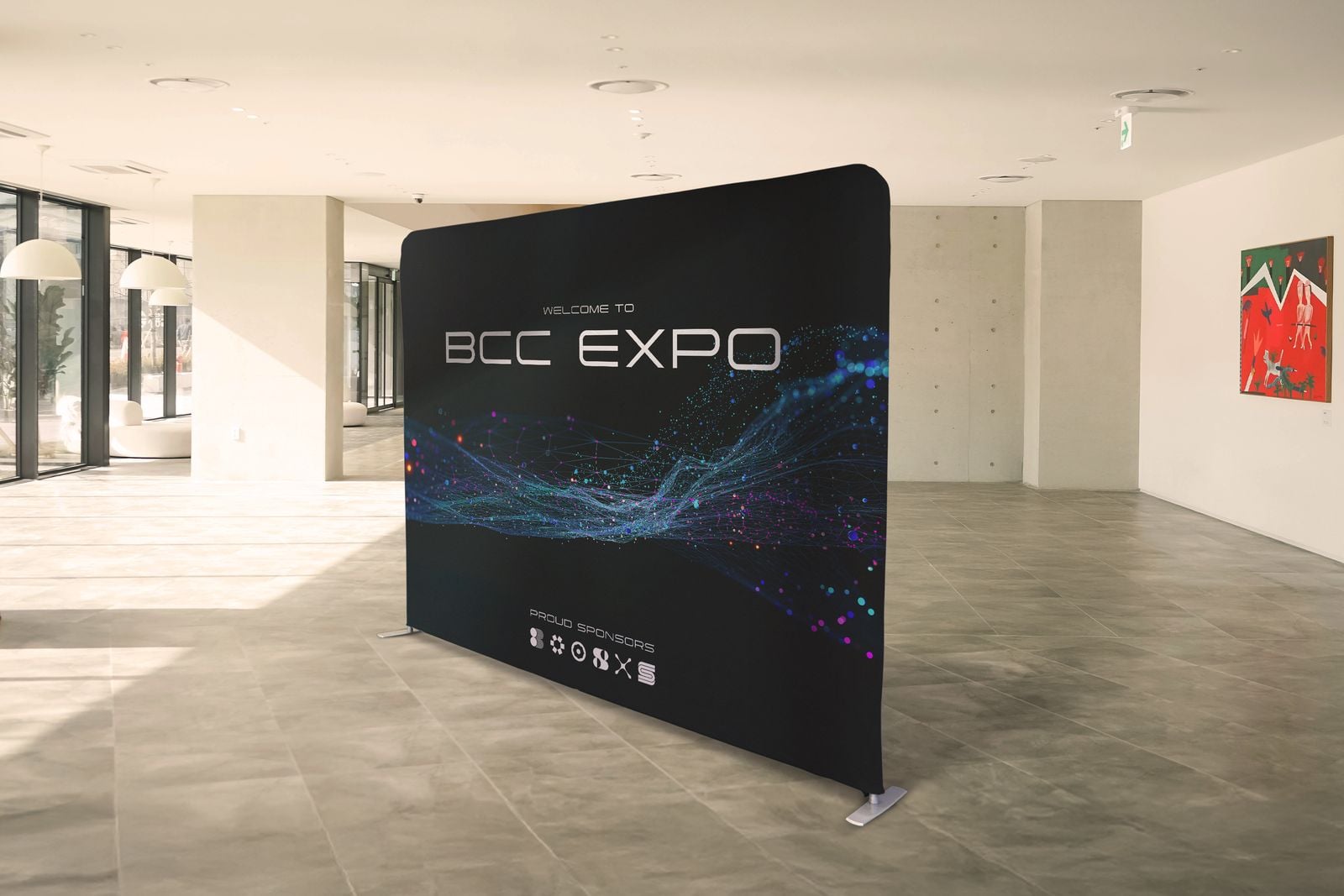 Straight stretch fabric backdrop for an expo in an empty hall