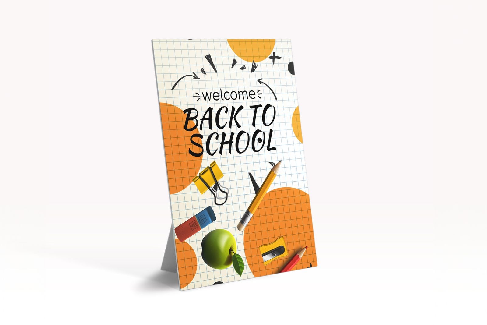 Strut card for a back-to-school promotion standing on a counter