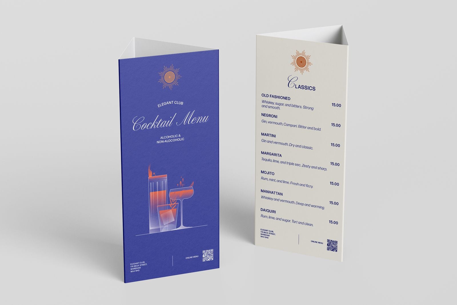 Two table talkers showing a cocktail menu