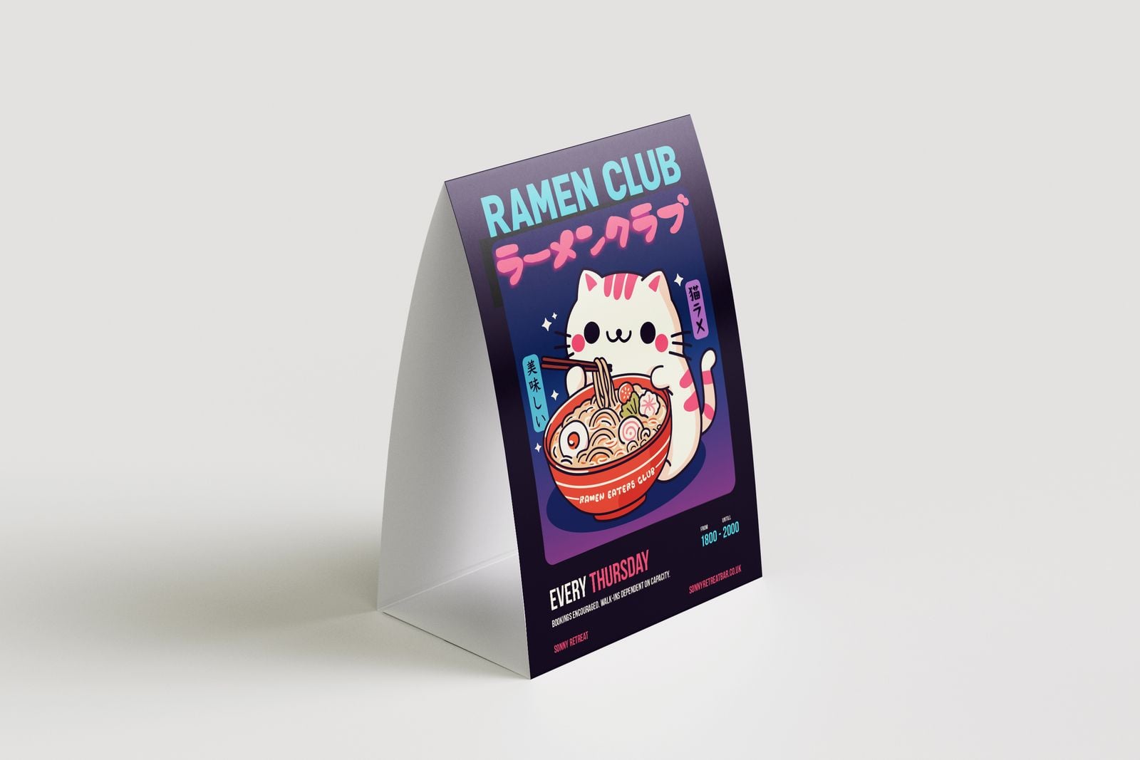 Ramen club tent card standing on a table