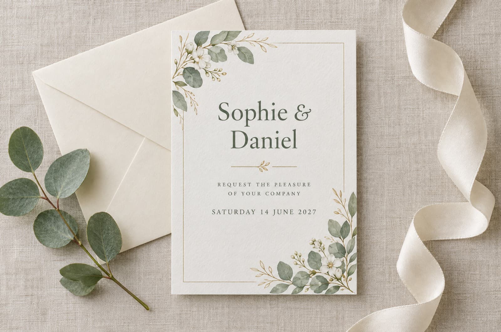 Wedding invitation with eucalyptus borders beside an ivory envelope, a sprig of eucalyptus and a silk ribbon