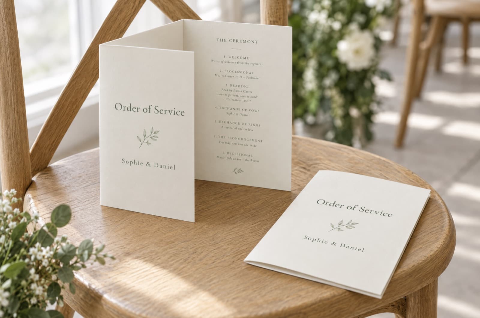 Folded A5 wedding orders of service on a wooden chair, one open at the running order