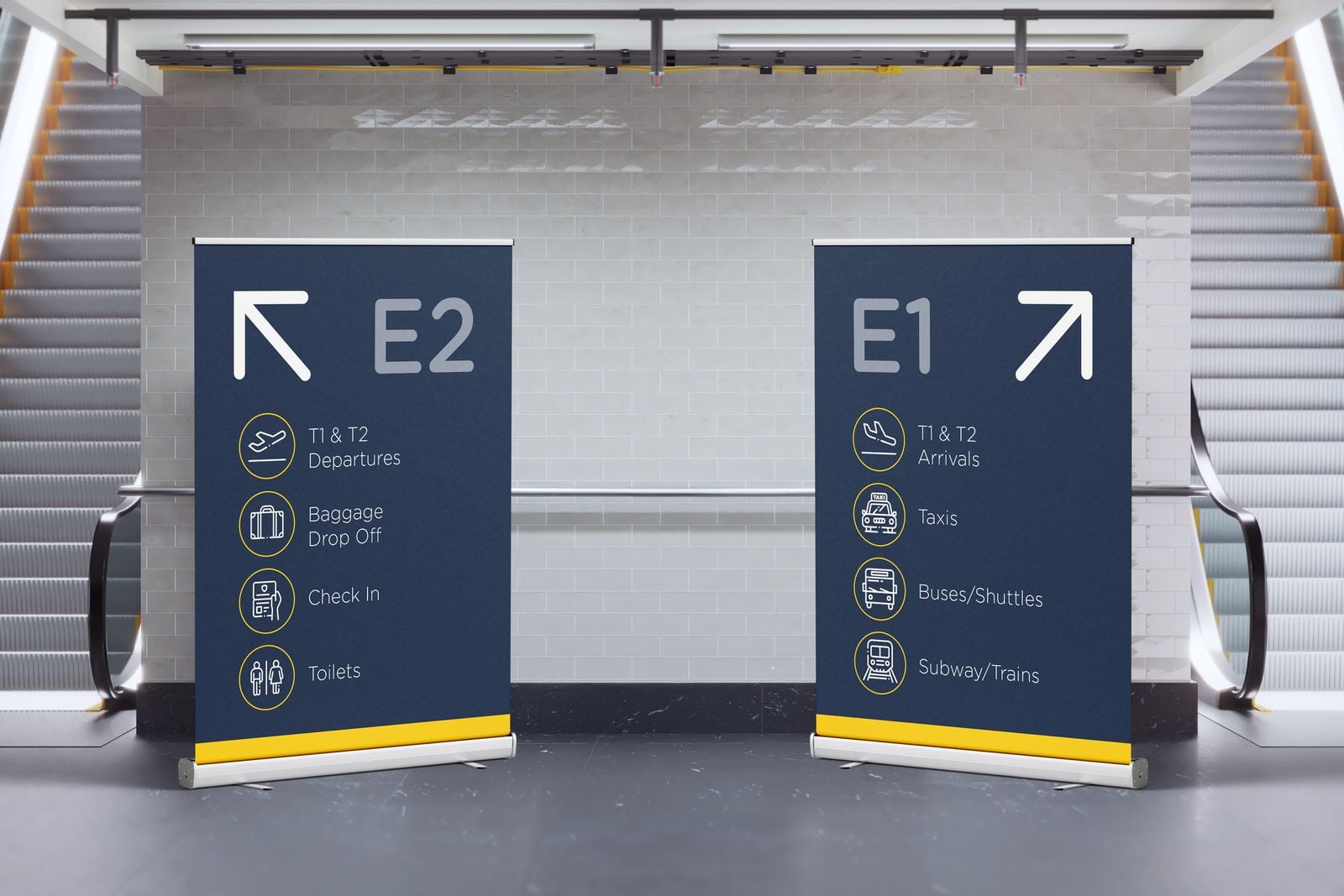 Two wide roller banners with airport directions at the foot of an escalator