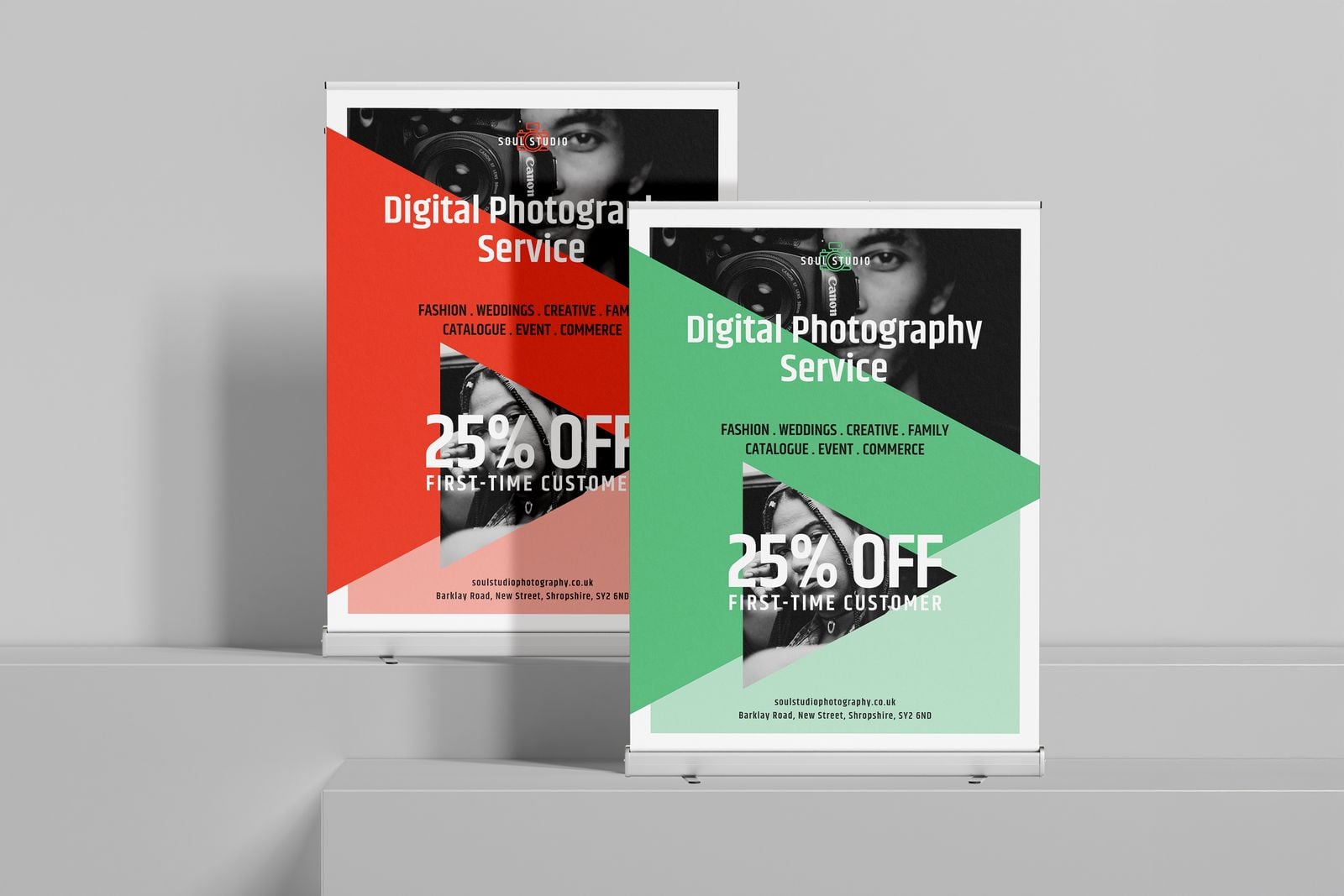 Two wide roller banners for a photography studio, one red and one green