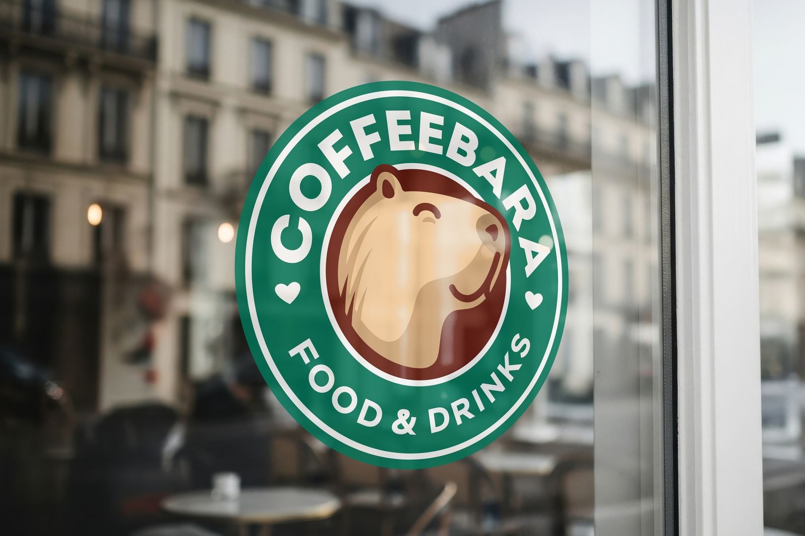 Round café logo window cling on a shop window
