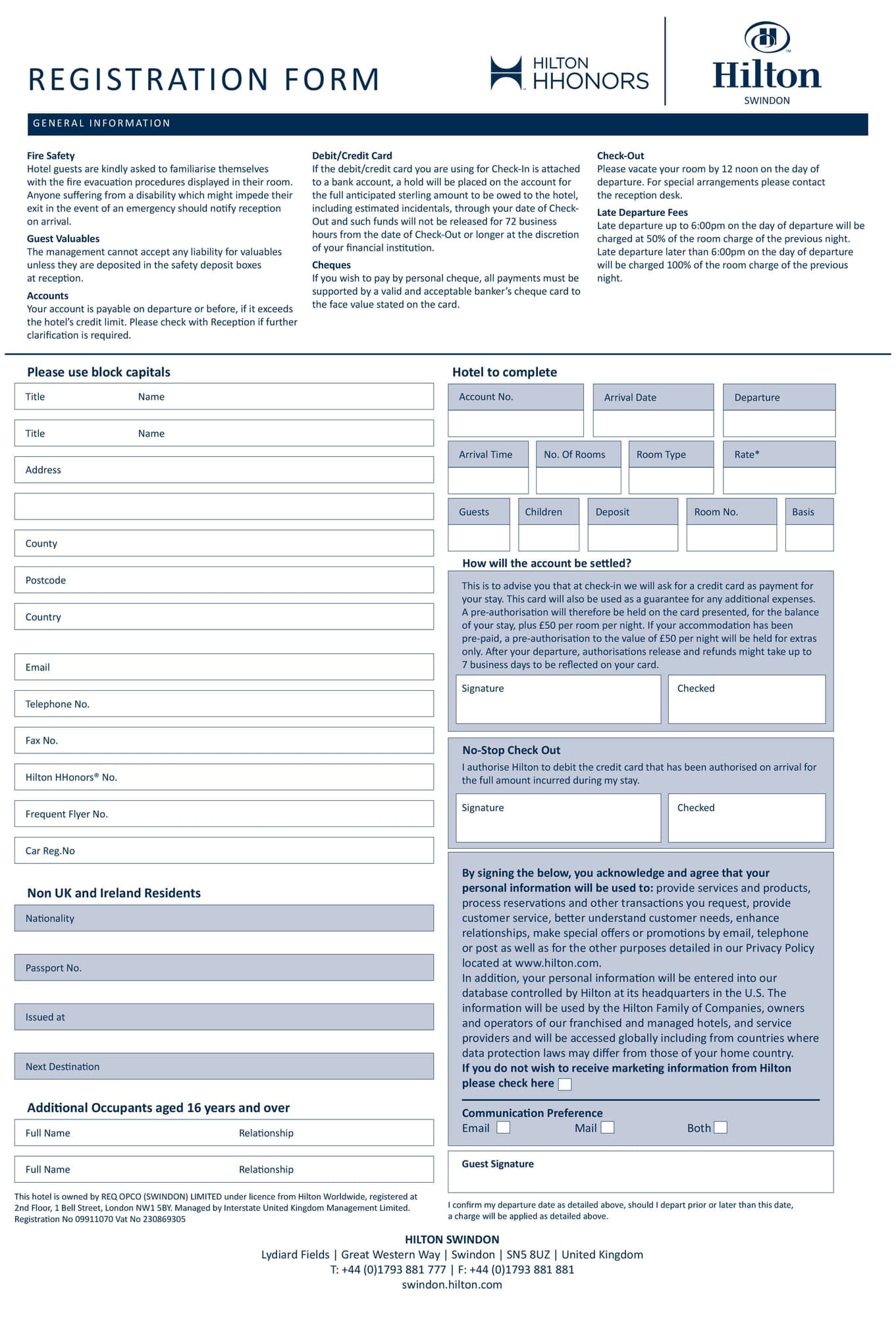 Hilton hotel registration form design