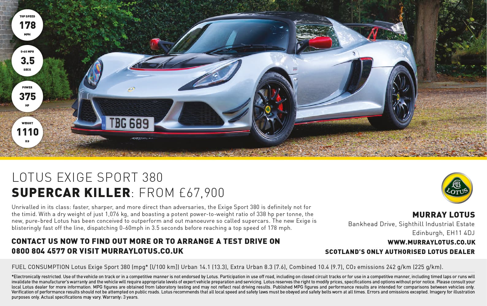 Lotus Exige 380 Sport half-page press advert