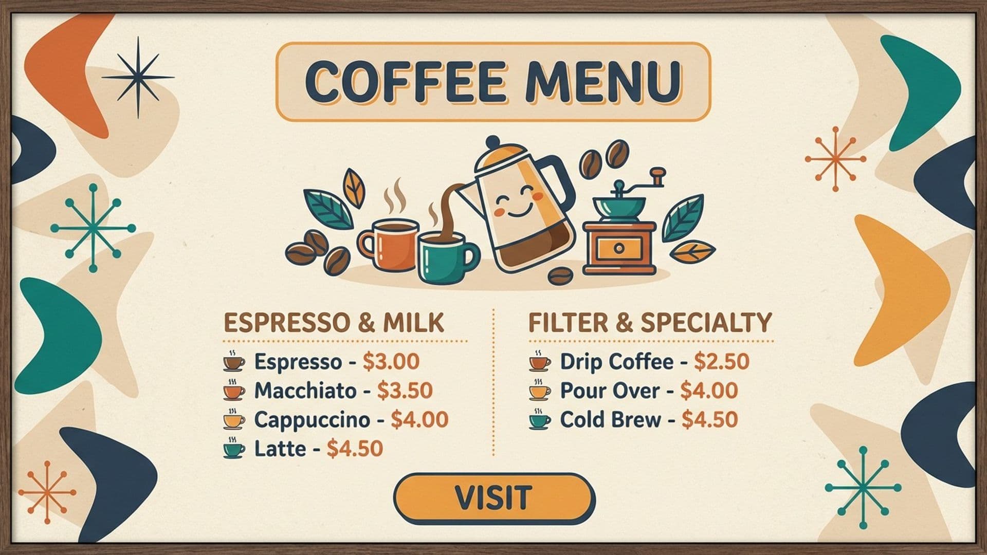 Generated coffee menu in a mid-century modern style