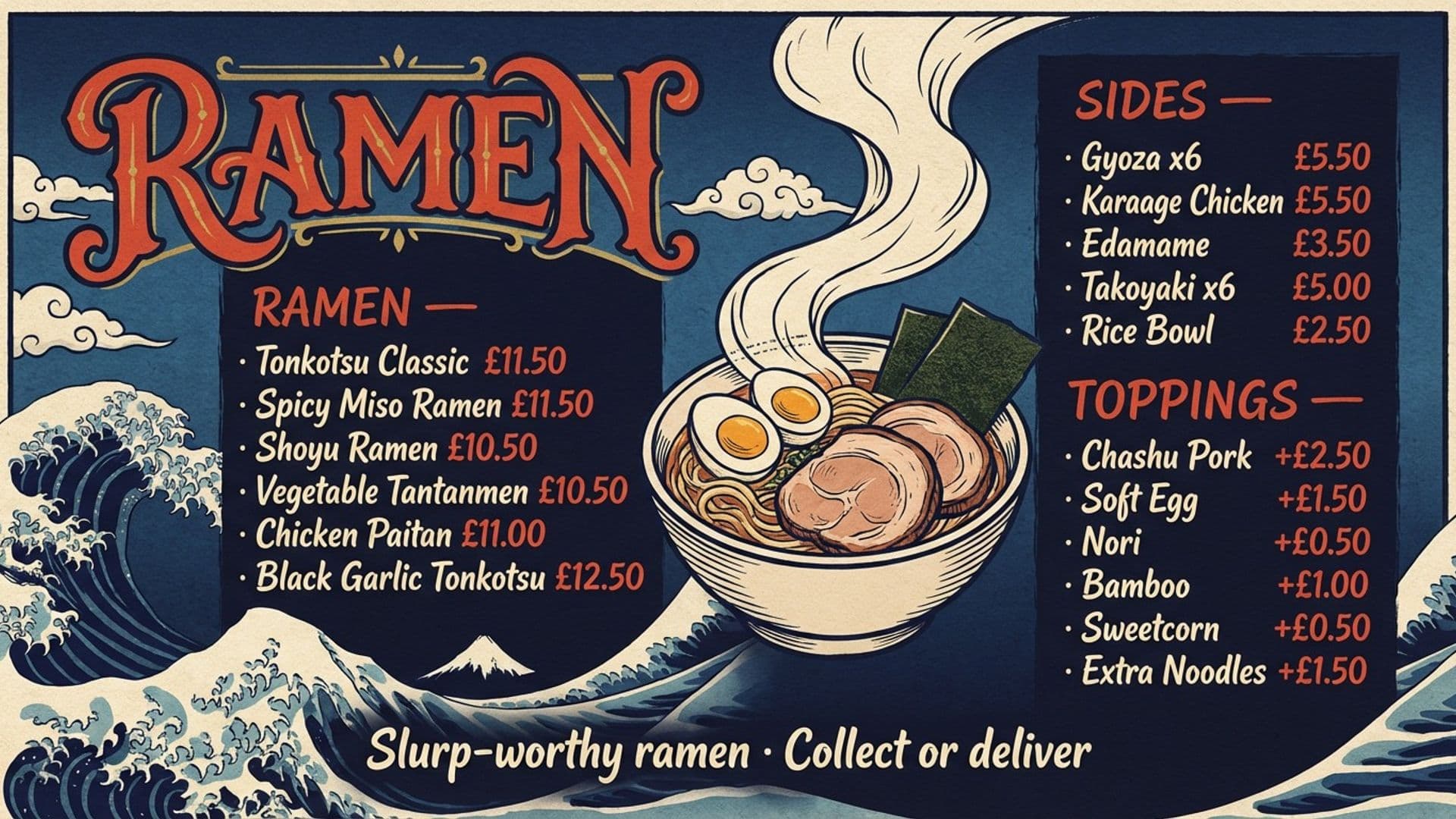 Generated ramen menu board in an ukiyo-e illustration style
