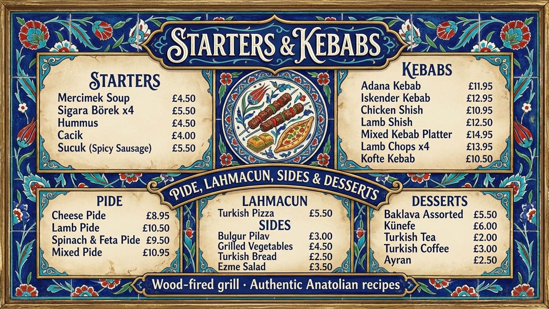 Generated Turkish restaurant menu in an Iznik tile art style