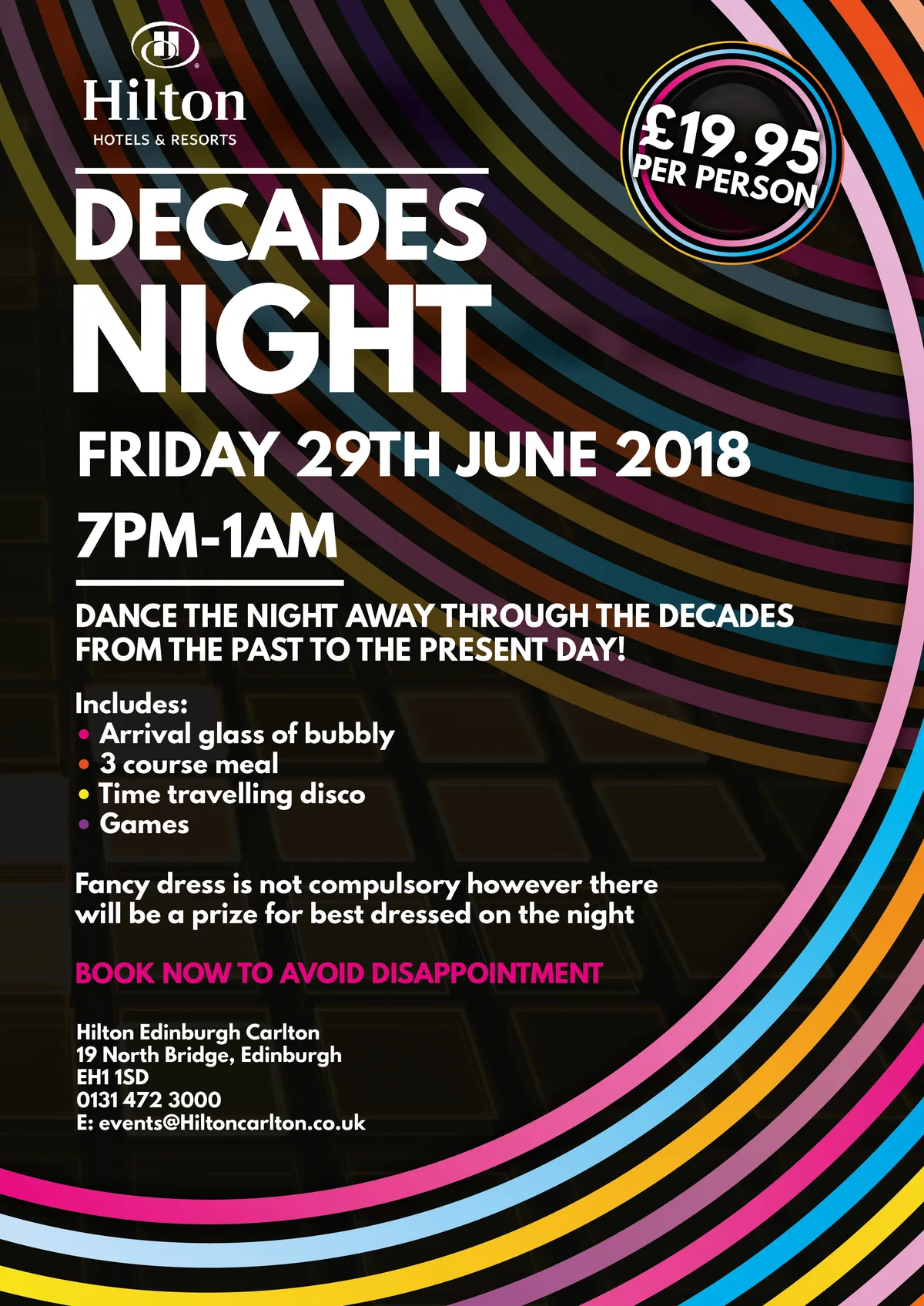 Hilton Decades Night event flyer